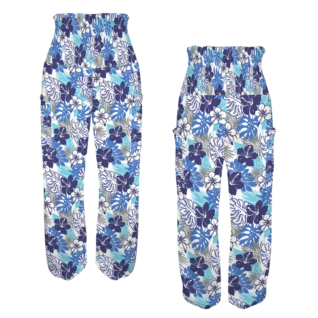 Floral print harem pants in blue, white and purple tones, front-back view - HIBISCUS FLORAL ALADDIN PANTS FOR LADIES