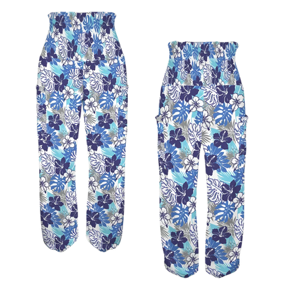 Floral print harem pants in blue, white and purple tones, front-back view - HIBISCUS FLORAL ALADDIN PANTS FOR LADIES