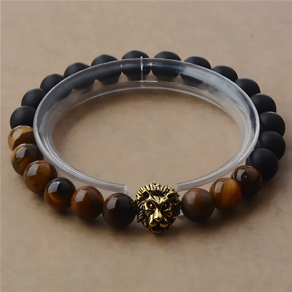 LION HEAD GEMSTONE BRACELET WITH TIGER EYE STONE - Gold - Bracelet