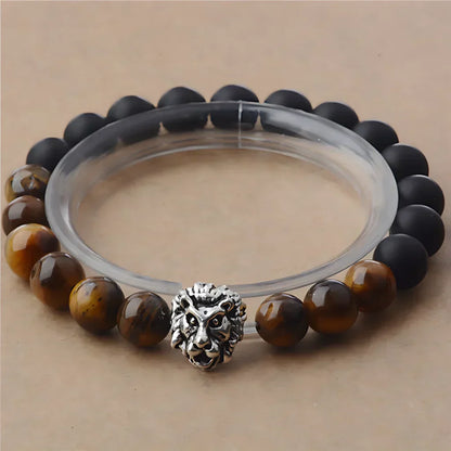 LION HEAD GEMSTONE BRACELET WITH TIGER EYE STONE - Silver - Bracelet