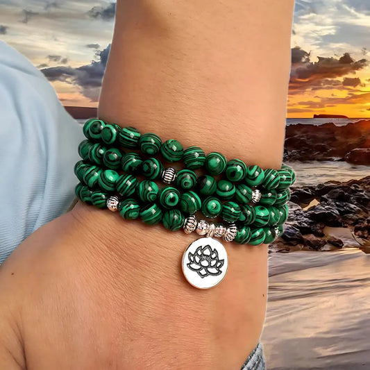 LOTUS MALACHITE BEAD WRAP BRACELET FOR SPIRITUAL HARMONY - Green - Bracelet