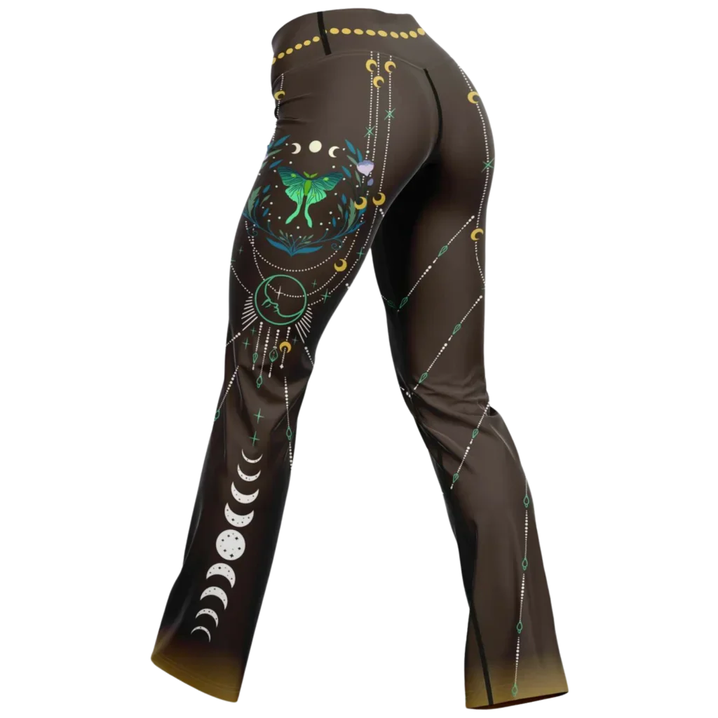 Luna Moth Brown Flare Leggings With Moon Phases