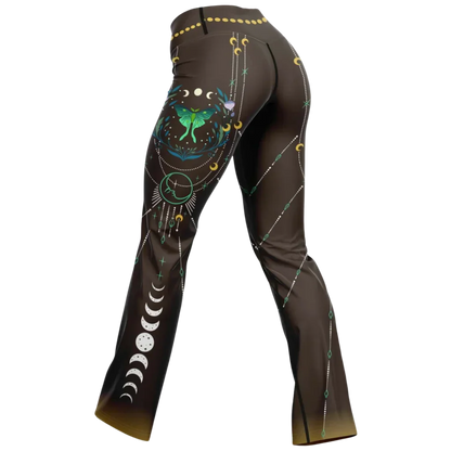 Luna Moth Brown Flare Leggings With Moon Phases