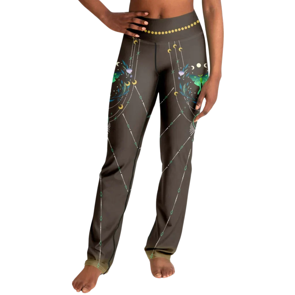 Luna Moth Brown Flare Leggings With Moon Phases
