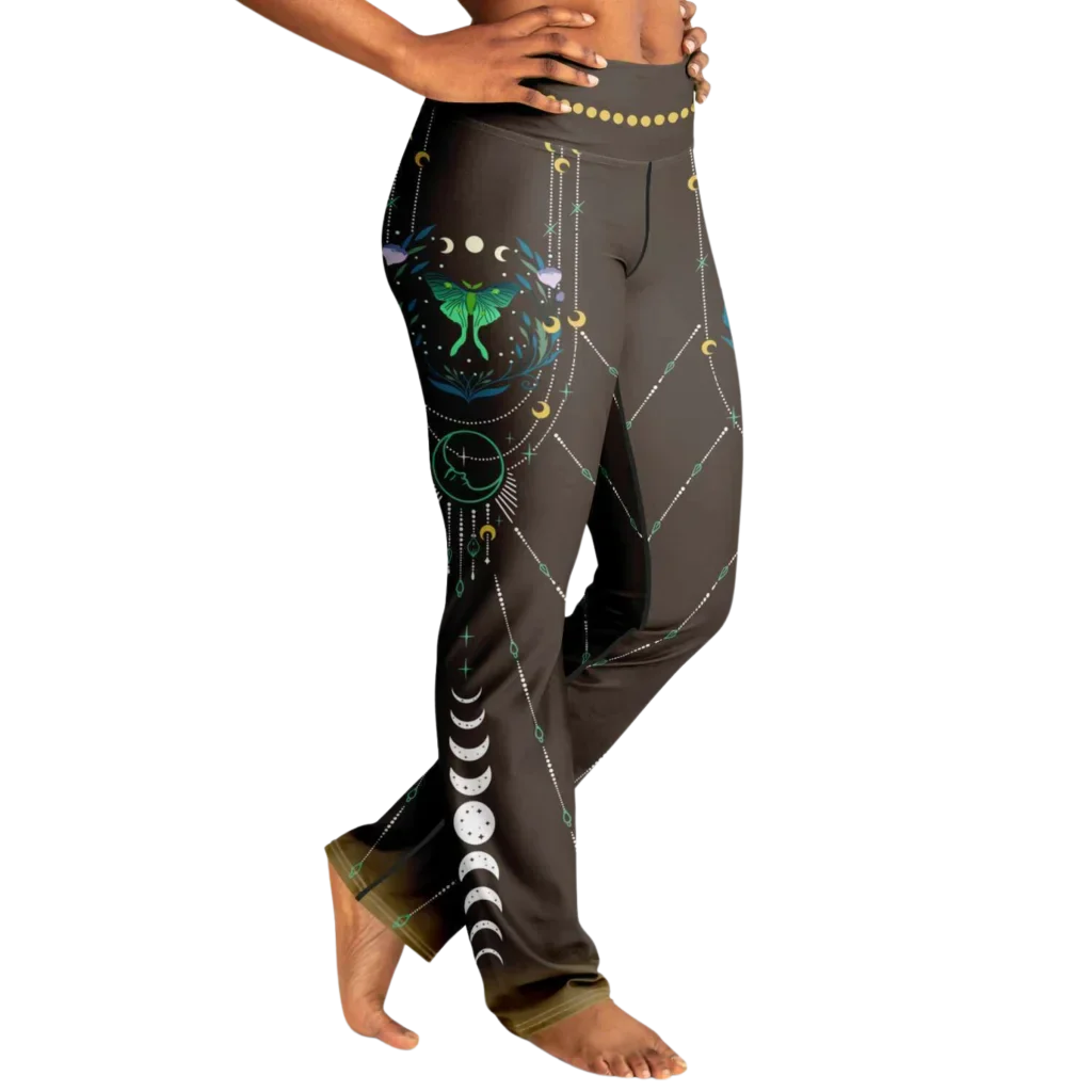Luna Moth Brown Flare Leggings With Moon Phases
