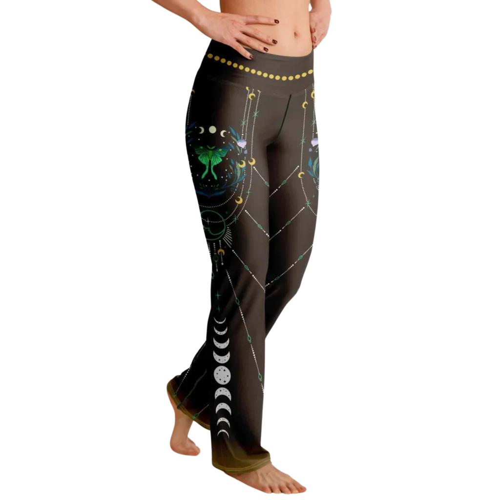 Luna Moth Brown Flare Leggings With Moon Phases