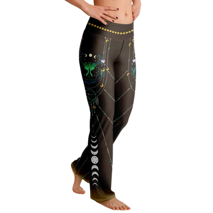 Luna Moth Brown Flare Leggings With Moon Phases