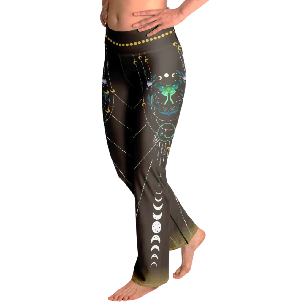 Luna Moth Brown Flare Leggings With Moon Phases