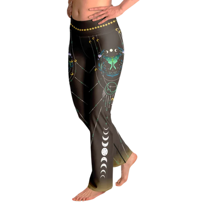Luna Moth Brown Flare Leggings With Moon Phases