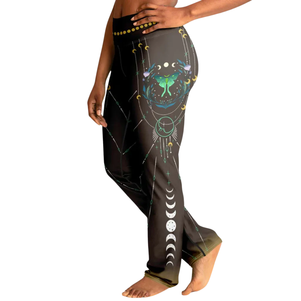 Luna Moth Brown Flare Leggings With Moon Phases