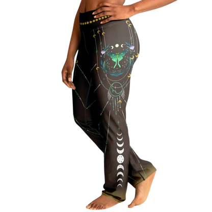 Luna Moth Brown Flare Leggings With Moon Phases