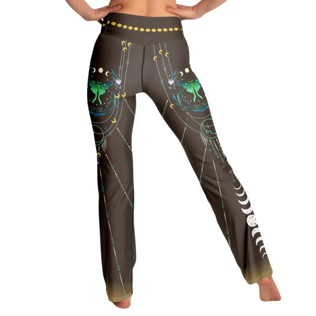 Luna Moth Brown Flare Leggings With Moon Phases