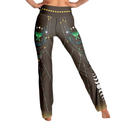 Luna Moth Brown Flare Leggings With Moon Phases