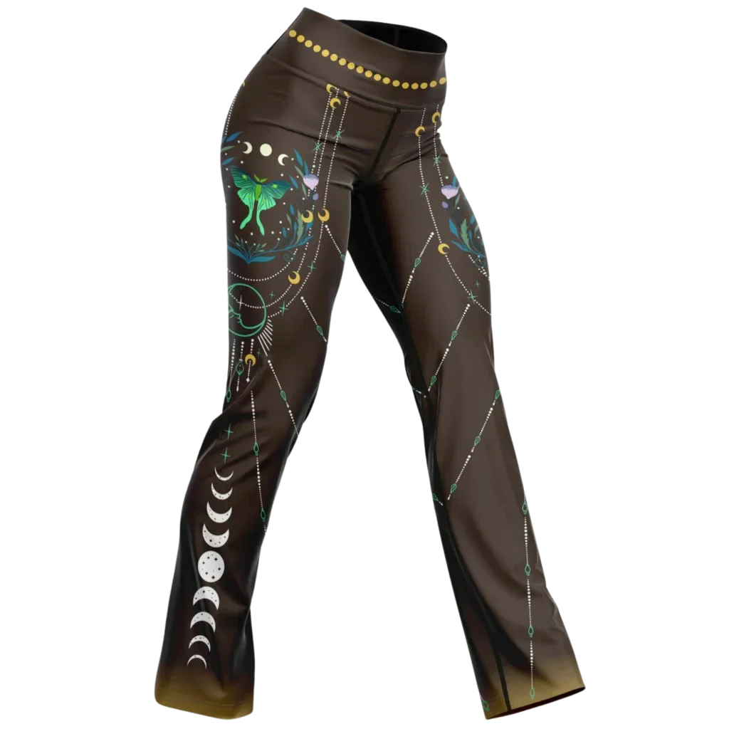 Luna Moth Brown Flare Leggings With Moon Phases - XS