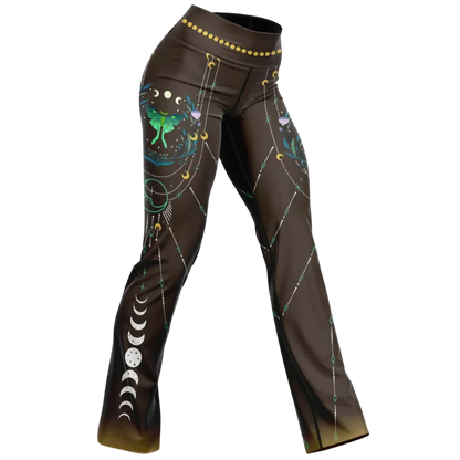Luna Moth Brown Flare Leggings With Moon Phases - XS