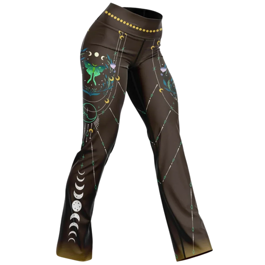 Luna Moth Brown Flare Leggings With Moon Phases - XS