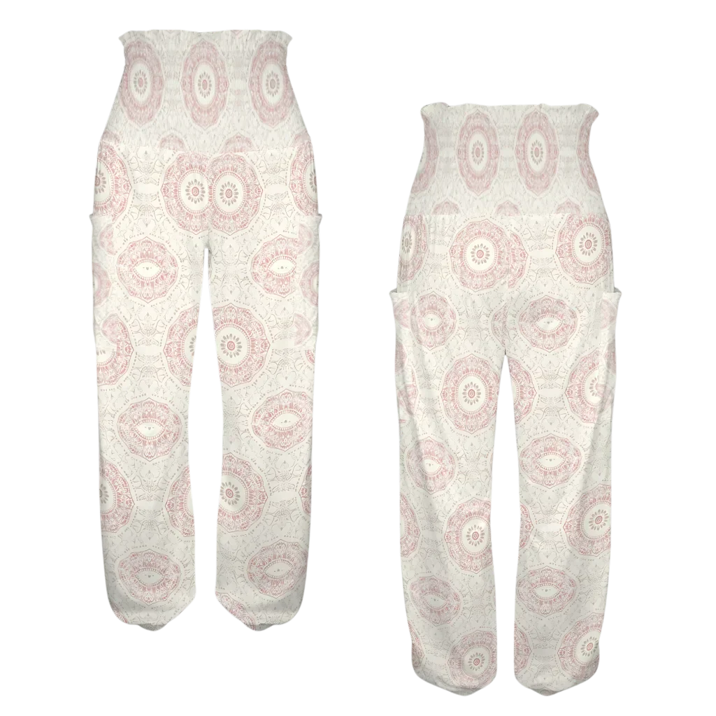 High-waisted palazzo pants with a circular mandala-style print pattern in beige and pink tones, front-back view - MANDALA PATTERN ALADDIN PANTS FOR LADIES