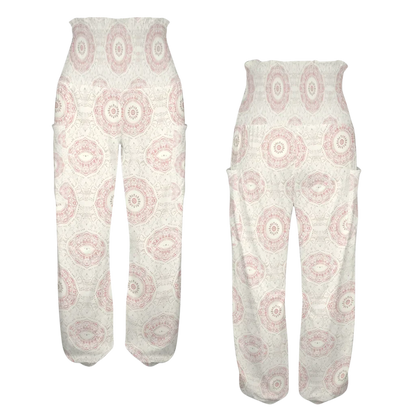 High-waisted palazzo pants with a circular mandala-style print pattern in beige and pink tones, front-back view - MANDALA PATTERN ALADDIN PANTS FOR LADIES