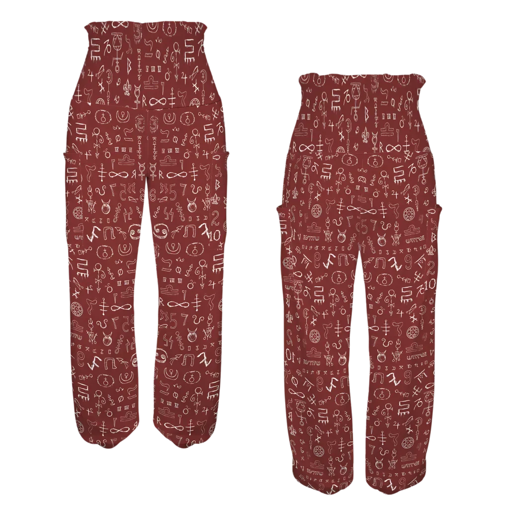 Burgundy-colored loose pants with white doodle-style pattern print, fromt-back view - MYSTIC NUMBERS HIGH-WAISTED ALADDIN PANTS FOR LADIES