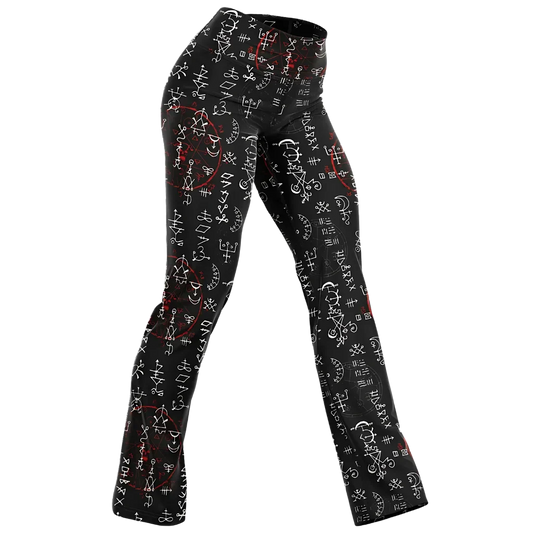 Mystic Print Black Flared Leggings With Alchemy Symbols - XS
