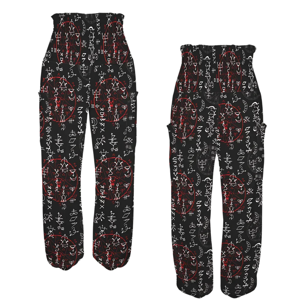 Flowy black harem pants with red and white geometric tribal print pattern, front-back view - MYSTIC RED ALCHEMY ALADDIN PANTS FOR LADIES