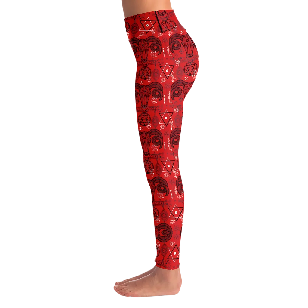 MYSTIC-SYMBOLS RED FEMALE YOGA PANTS WITH POCKET - Yoga Leggings - AOP