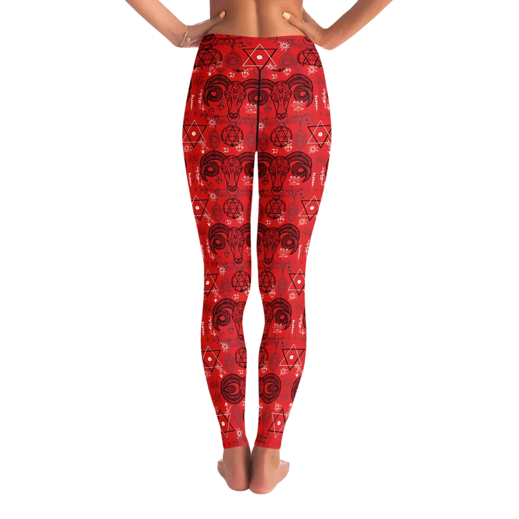 MYSTIC-SYMBOLS RED FEMALE YOGA PANTS WITH POCKET - Yoga Leggings - AOP