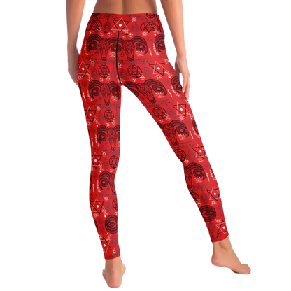 MYSTIC-SYMBOLS RED FEMALE YOGA PANTS WITH POCKET - Yoga Leggings - AOP