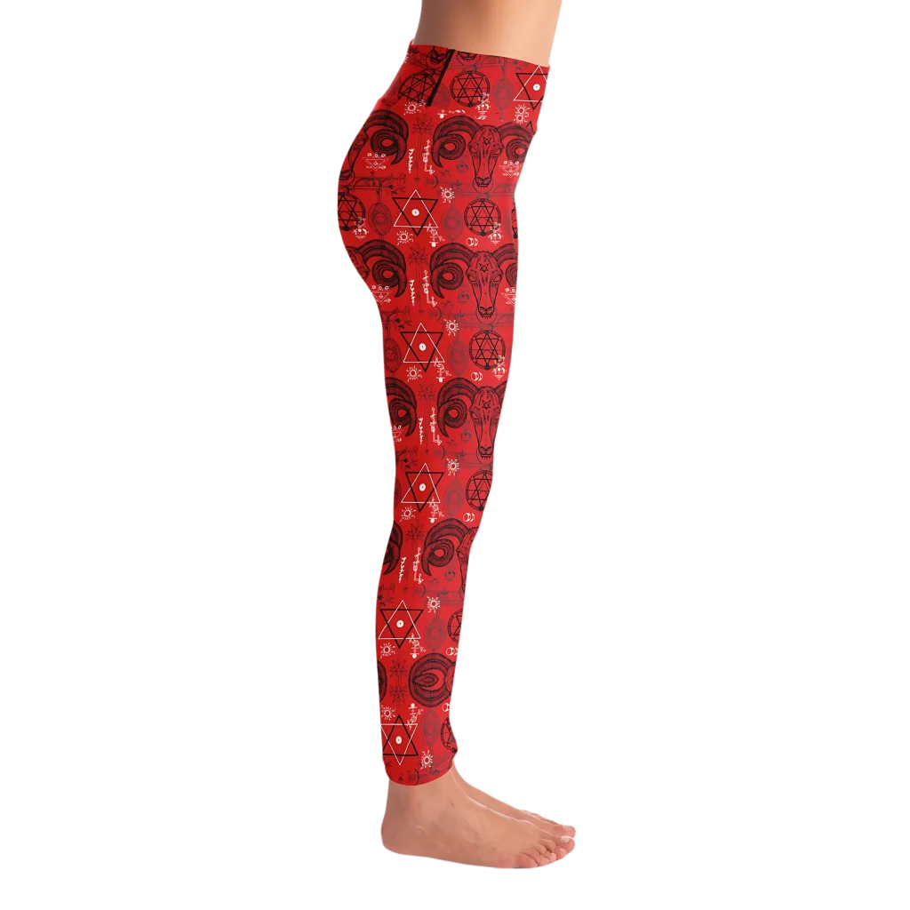 MYSTIC-SYMBOLS RED FEMALE YOGA PANTS WITH POCKET - Yoga Leggings - AOP