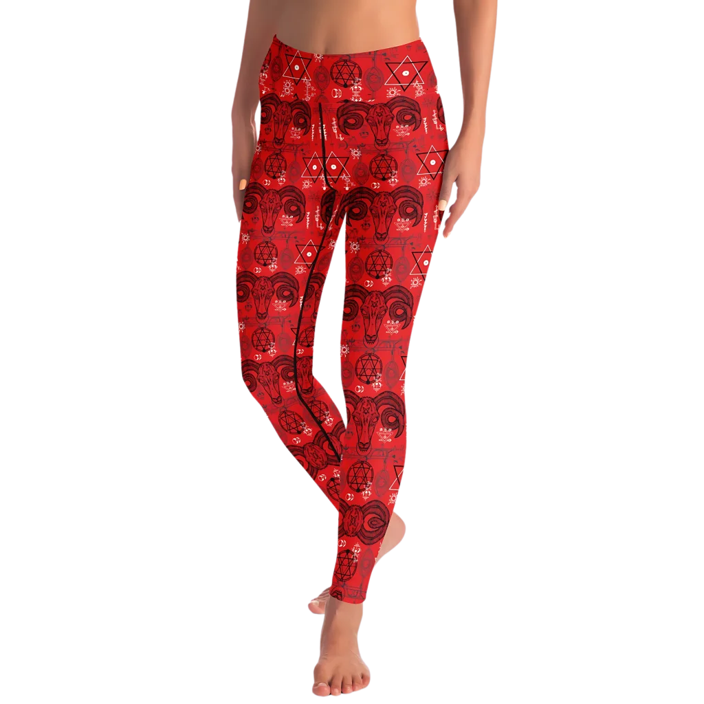 MYSTIC-SYMBOLS RED FEMALE YOGA PANTS WITH POCKET - Yoga Leggings - AOP