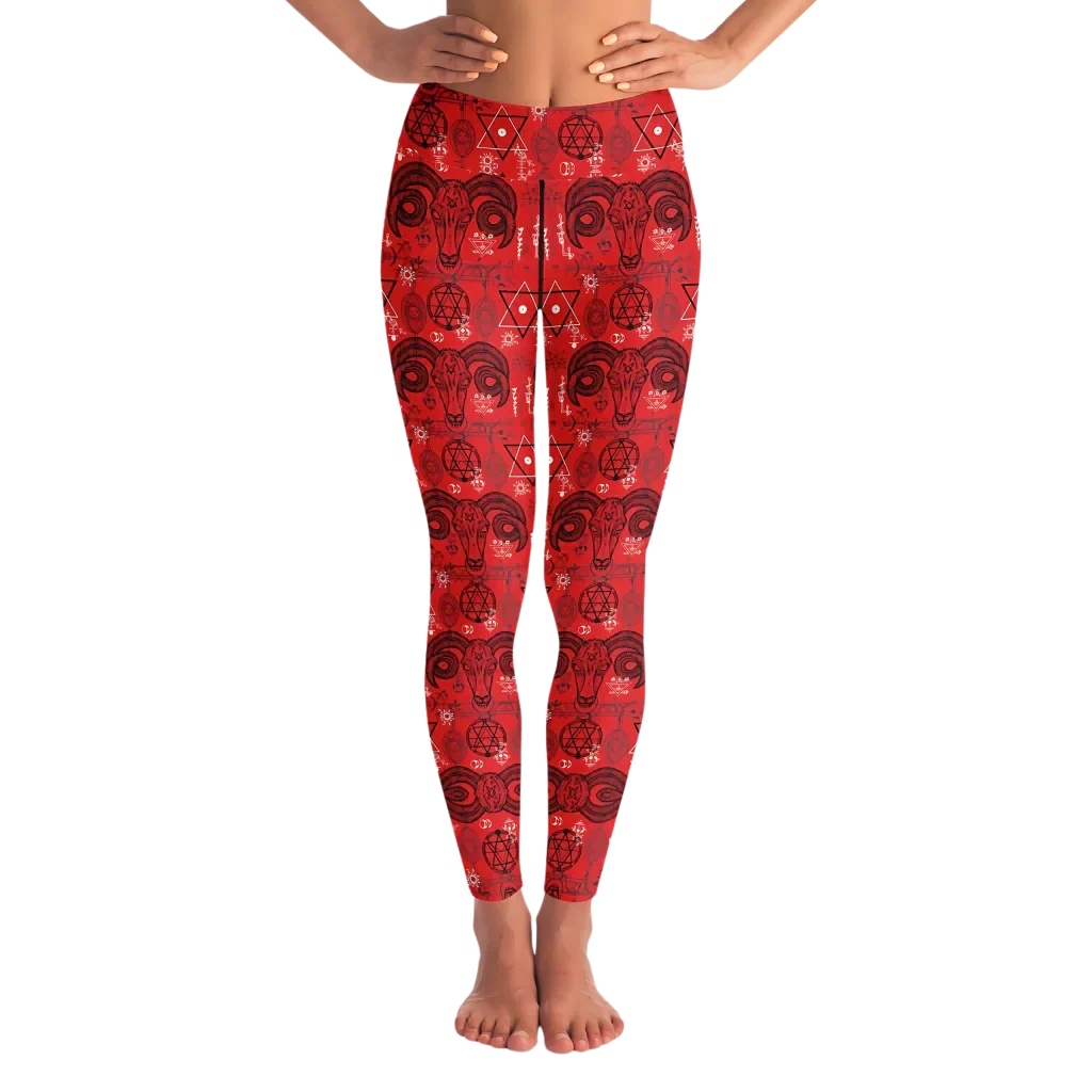 MYSTIC-SYMBOLS RED FEMALE YOGA PANTS WITH POCKET - XS - Yoga Leggings - AOP