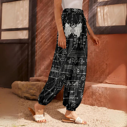 Black harem pants with white geometric circuit board pattern - side view - MYSTICAL DEMON SKULL HAREM PANTS WOMEN FOR MYSTICAL YOGA