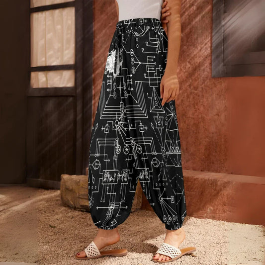 Black harem pants with white geometric circuit board pattern - side view - MYSTICAL DEMON SKULL HAREM PANTS WOMEN FOR MYSTICAL YOGA