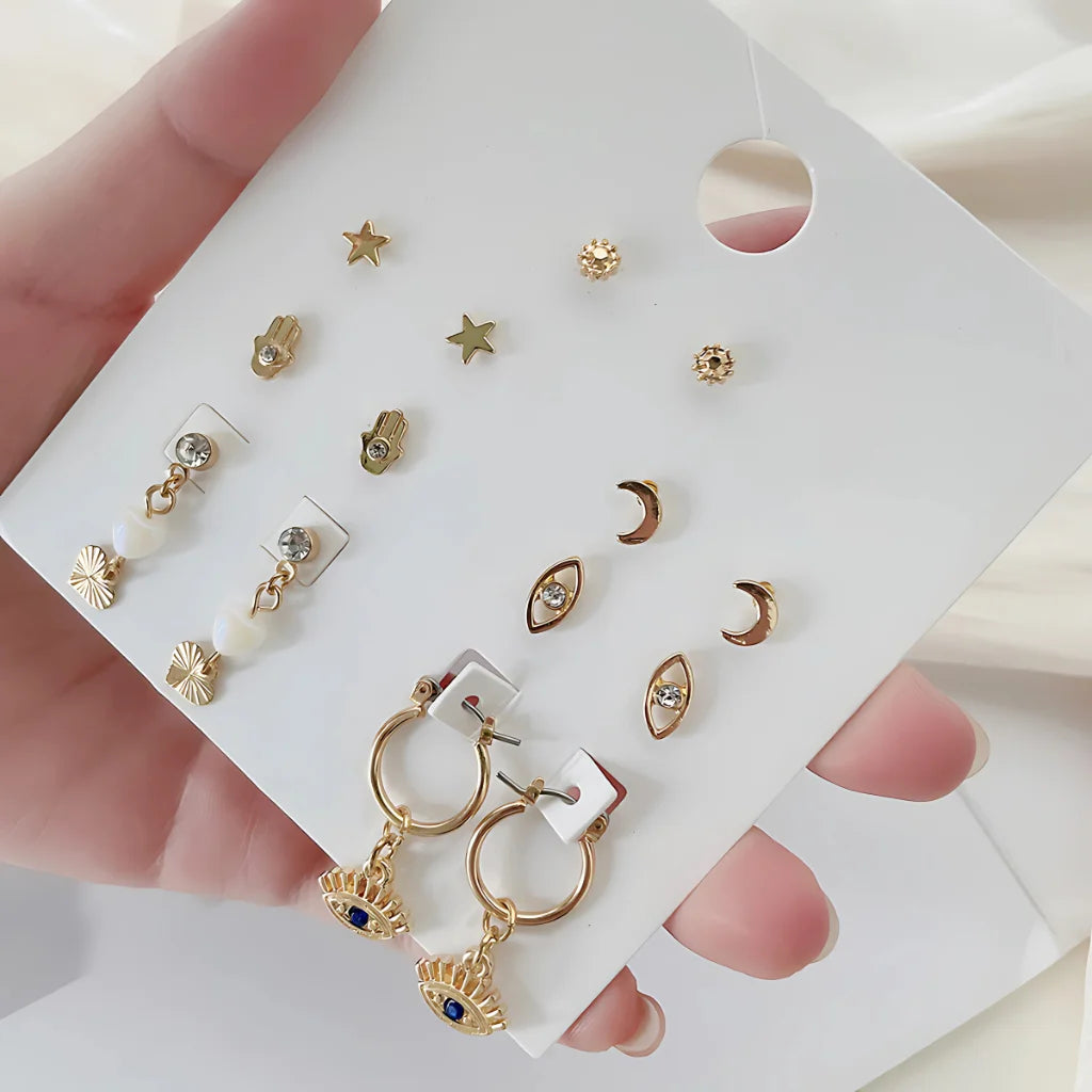 MYSTICAL GEOMETRIC BOHO STUD EARRINGS FOR WOMEN - Set of 7 Pair - earrings