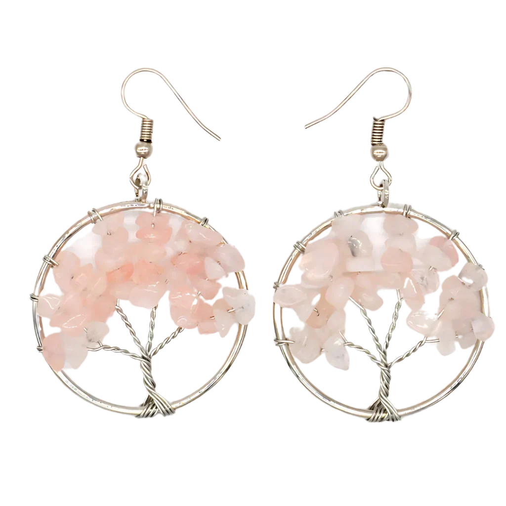 MYSTICAL LIFE TREE BOHO EARRINGS FOR WOMEN WITH NATURAL STONES - Pink - earrings