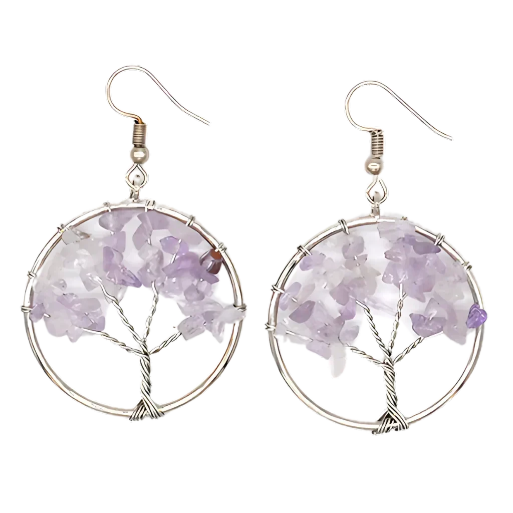 MYSTICAL LIFE TREE BOHO EARRINGS FOR WOMEN WITH NATURAL STONES - Purple - earrings