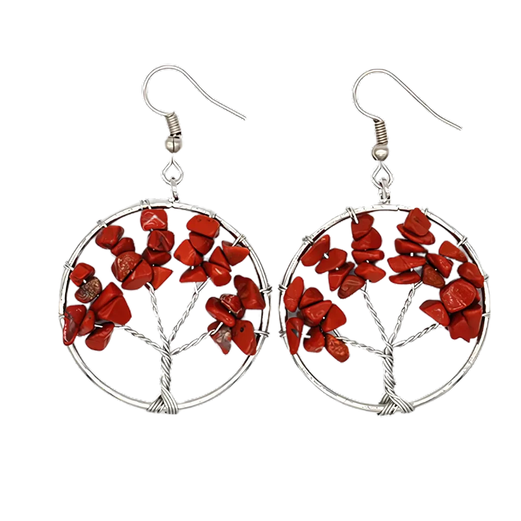 MYSTICAL LIFE TREE BOHO EARRINGS FOR WOMEN WITH NATURAL STONES - Red - earrings