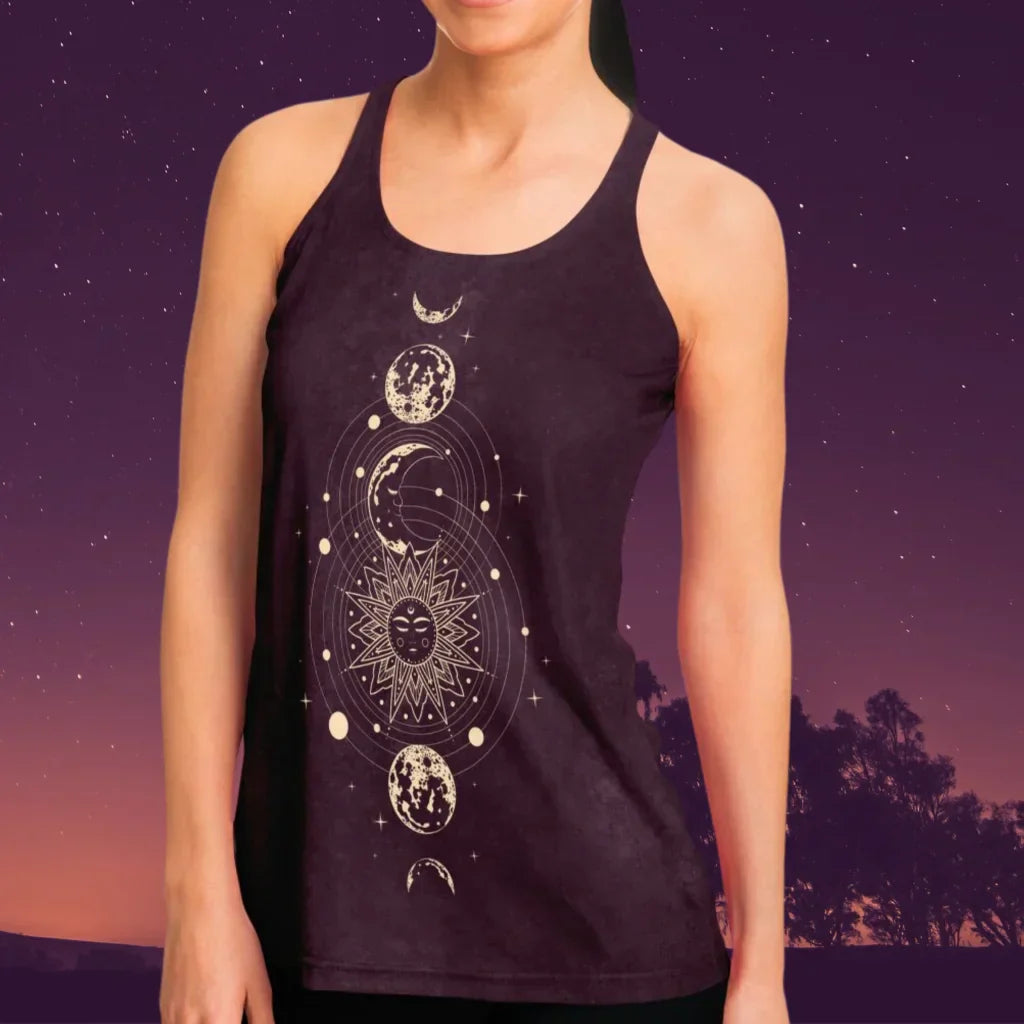 MYSTICAL SUN AND MOON FLOWY TANK RACERBACK FOR WOMEN - Flowy Racerback Tank Top - AOP