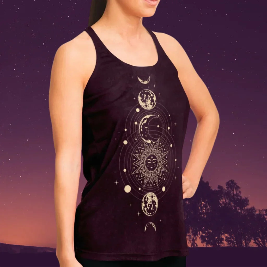 MYSTICAL SUN AND MOON FLOWY TANK RACERBACK FOR WOMEN - Flowy Racerback Tank Top - AOP