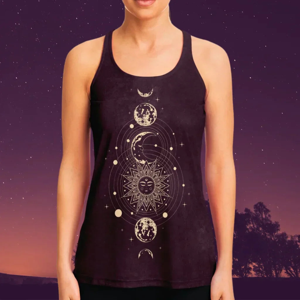 MYSTICAL SUN AND MOON FLOWY TANK RACERBACK FOR WOMEN - Flowy Racerback Tank Top - AOP