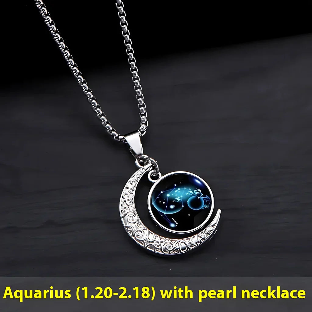 MYSTICAL ZODIAC CRESCENT MOON BOHO NECKLACE WITH GLOW - Aquarian - Necklace