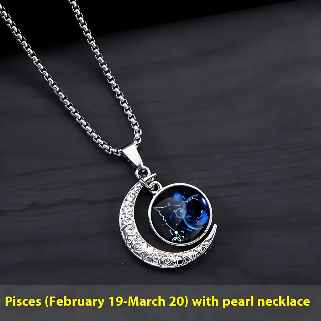 MYSTICAL ZODIAC CRESCENT MOON BOHO NECKLACE WITH GLOW - Pisces - Necklace