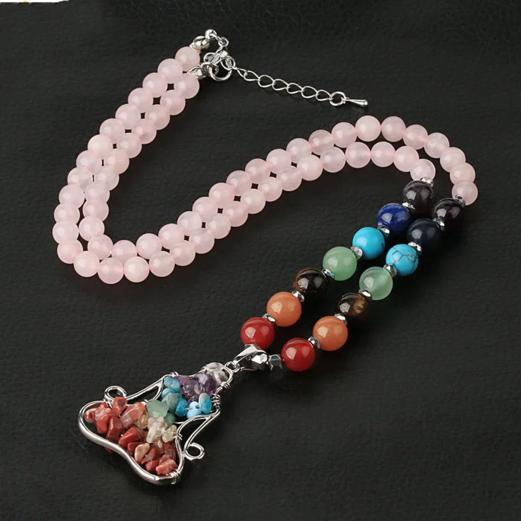 NATURAL CRYSTAL SEVEN CHAKRA REIKI BOHO NECKLACE FOR BALANCE - Pink - Necklace