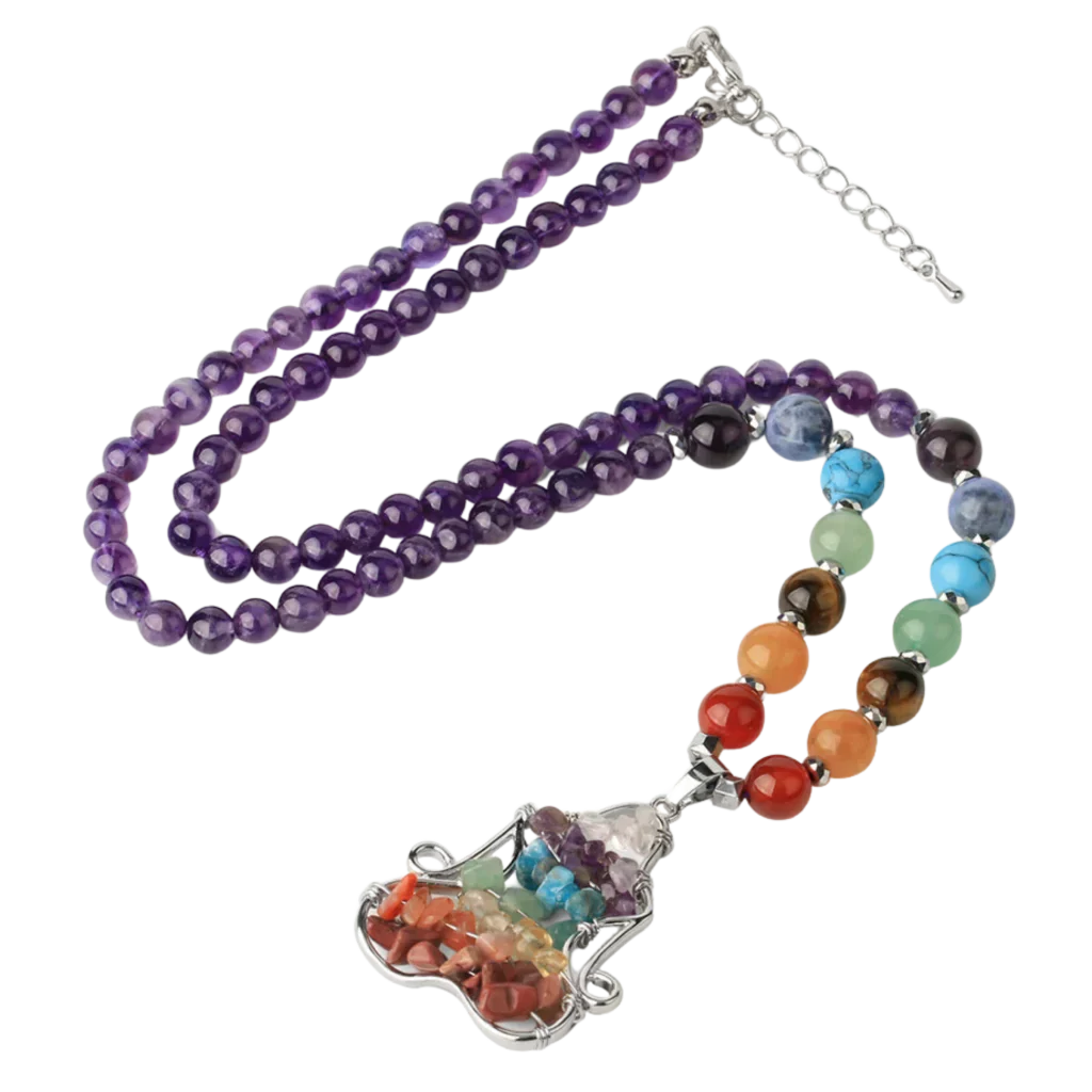 NATURAL CRYSTAL SEVEN CHAKRA REIKI BOHO NECKLACE FOR BALANCE - Purple - Necklace