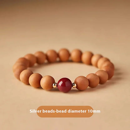 NATURAL PEACH WOOD SPIRITUAL BRACELET FOR WOMEN - Cinnabar Spacer Beads 10mm - Bracelet