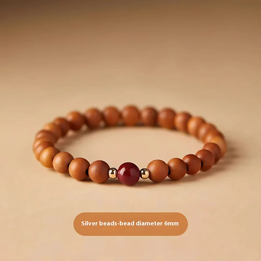 NATURAL PEACH WOOD SPIRITUAL BRACELET FOR WOMEN - Cinnabar Spacer Beads 6mm - Bracelet