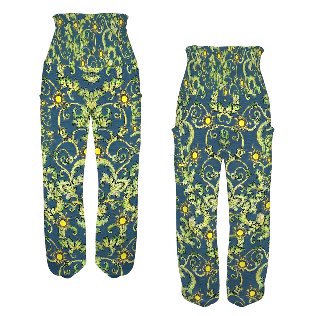 Flowy harem pants with green and yellow baroque-style floral print pattern, front-back view - OCCULT FLORAL HIGH-WAISTED ALADDIN PANTS FOR LADIES