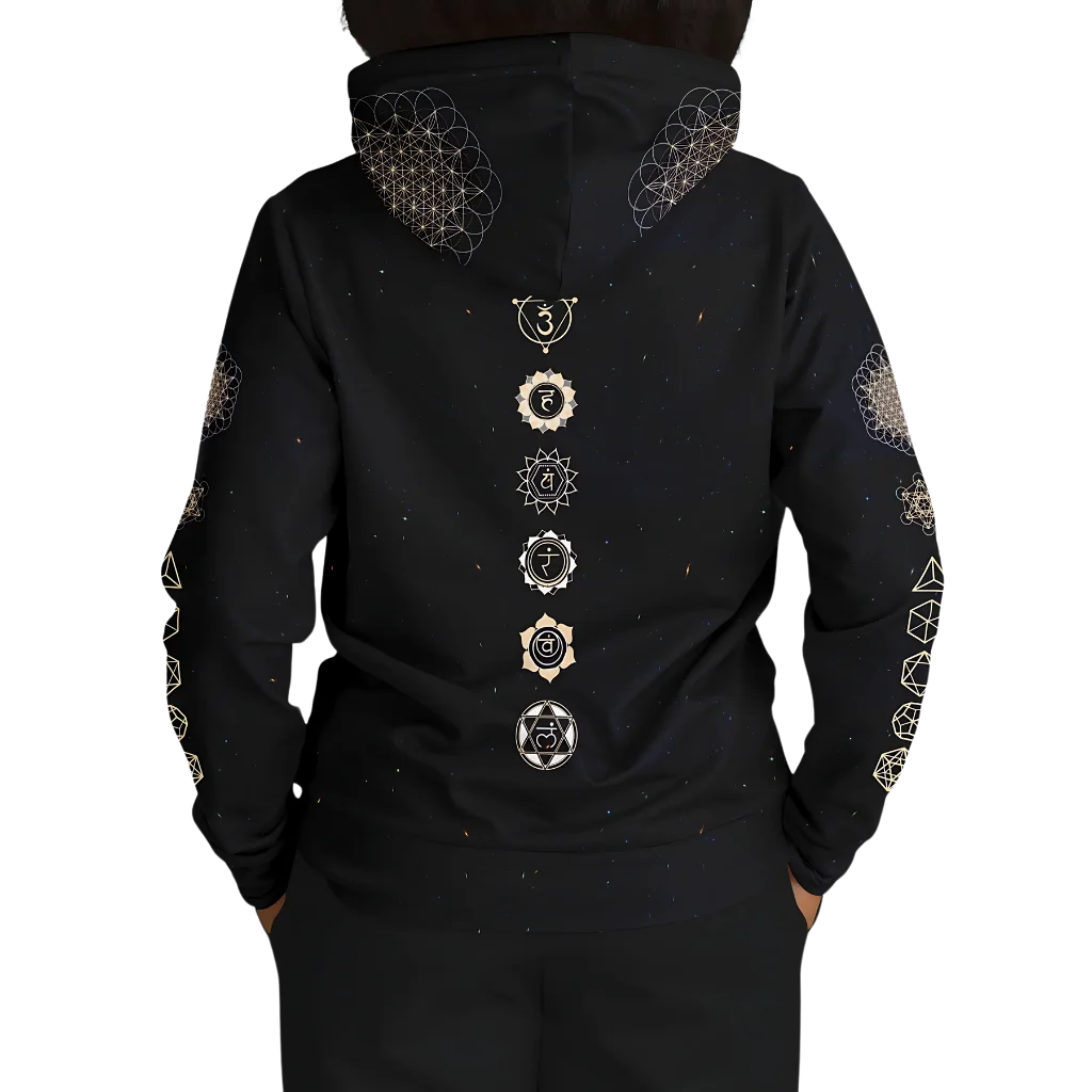 SACRED HAMSA YOGA HOODIE - CHAKRAS & GEOMETRY SYMBOLS - Aop