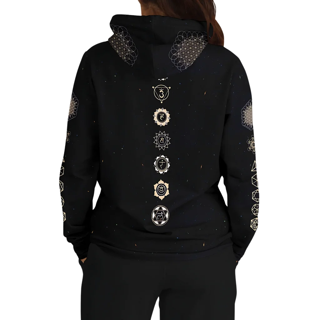 SACRED HAMSA YOGA HOODIE - CHAKRAS & GEOMETRY SYMBOLS - Aop