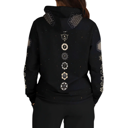 SACRED HAMSA YOGA HOODIE - CHAKRAS & GEOMETRY SYMBOLS - Aop